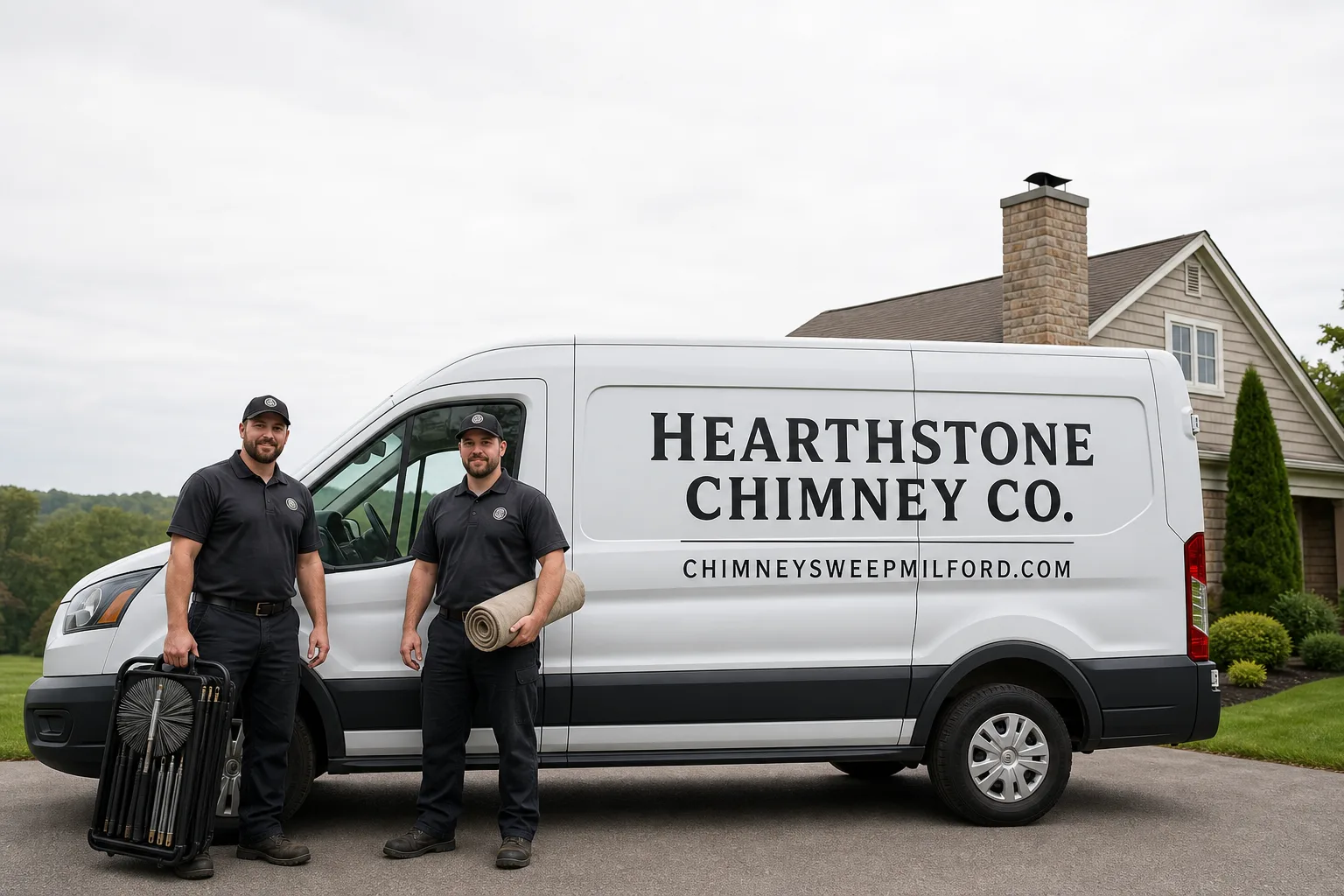 Hearthstone Chimney Co. chimney cleaning service vehicle and crew in Milford, PA